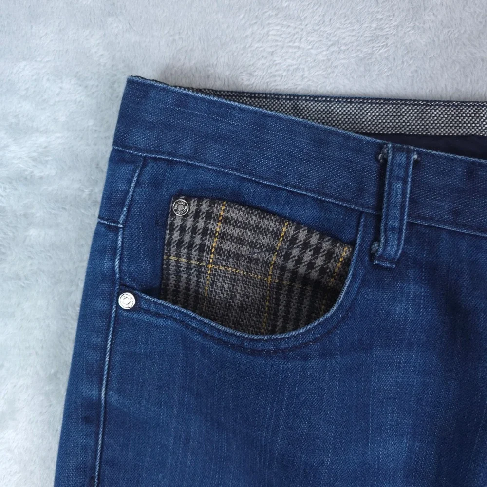Stacy Adams Jeans Mens 38x34 Blue Denim Plaid Pocket Accents Cotton Casual